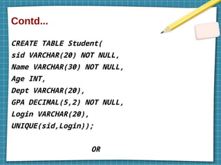 Contd...
CREATE TABLE Student(
sid VARCHAR(20) NOT NULL,
Name VARCHAR(30) NOT NULL,
Age INT,
Dept VARCHAR(20),
GPA DECIMAL(5,2) NOT NULL,
Login VARCHAR(20),
UNIQUE(sid,Login));
OR
 