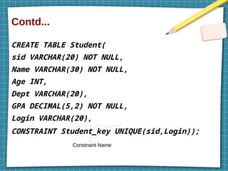 Contd...
CREATE TABLE Student(
sid VARCHAR(20) NOT NULL,
Name VARCHAR(30) NOT NULL,
Age INT,
Dept VARCHAR(20),
GPA DECIMAL(5,2) NOT NULL,
Login VARCHAR(20),
CONSTRAINT Student_key UNIQUE(sid,Login));
Constraint Name
 