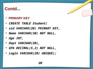 Contd...
●
PRIMARY KEY
●
CREATE TABLE Student(
●
sid VARCHAR(20) PRIMARY KEY,
●
Name VARCHAR(30) NOT NULL,
●
Age INT,
●
Dept VARCHAR(20),
●
GPA DECIMAL(5,2) NOT NULL,
●
Login VARCHAR(20) UNIQUE);
OR
 