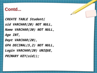 Contd...
CREATE TABLE Student(
sid VARCHAR(20) NOT NULL,
Name VARCHAR(30) NOT NULL,
Age INT,
Dept VARCHAR(20),
GPA DECIMAL(5,2) NOT NULL,
Login VARCHAR(20) UNIQUE,
PRIMARY KEY(sid));
 