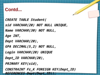 Contd...
CREATE TABLE Student(
sid VARCHAR(20) NOT NULL UNIQUE,
Name VARCHAR(30) NOT NULL,
Age INT,
Dept VARCHAR(20),
GPA DECIMAL(5,2) NOT NULL,
Login VARCHAR(20) UNIQUE
Dept_ID VARCHAR(20),
PRIMARY KEY(sid),
CONSTRAINT Fr_K FOREIGN KEY(Dept_ID)
REFERENCES Dept(Dept_ID));
 