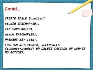 Contd...
CREATE TABLE Enrolled(
studid VARCHAR(10),
cid VARCHAR(10),
grade VARCHAR(20),
PRIMARY KEY (cid),
FOREIGN KEY(studid) REFERENCES
Students(studid) ON DELETE CASCADE ON UPDATE
NO ACTION);
 