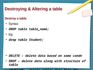 Destroying & Altering a table
Destroy a table
●
Syntax:
●
DROP table table_name;
●
Eg:
●
drop table Student;
●
DELETE – delete data based on some condn
●
DROP – delete data along with structure of
table
 