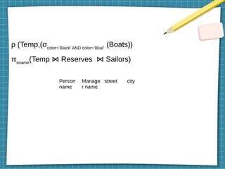 ρ (Temp,(σcolor=’Black’ AND color=’Blue’
(Boats))
πsname
(Temp Reserves Sailors)
⋈ ⋈
Person
name
Manage
r name
street city
 