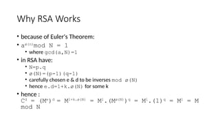 Why RSA Works
• because of Euler's Theorem:
• aø(n)
mod N = 1
• where gcd(a,N)=1
• in RSA have:
• N=p.q
• ø(N)=(p-1)(q-1)
• carefully chosen e & d to be inverses mod ø(N)
• hence e.d=1+k.ø(N) for some k
• hence :
Cd
= (Me
)d
= M1+k.ø(N)
= M1
.(Mø(N)
)q
= M1
.(1)q
= M1
= M
mod N
 