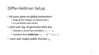 Diffie-Hellman Setup
• all users agree on global parameters:
• large prime integer or polynomial q
• α a primitive root mod q
• each user (eg. A) generates their key
• chooses a secret key (number): xA < q
• compute their public key: yA = α
xA
mod q
• each user makes public that key yA
39
 