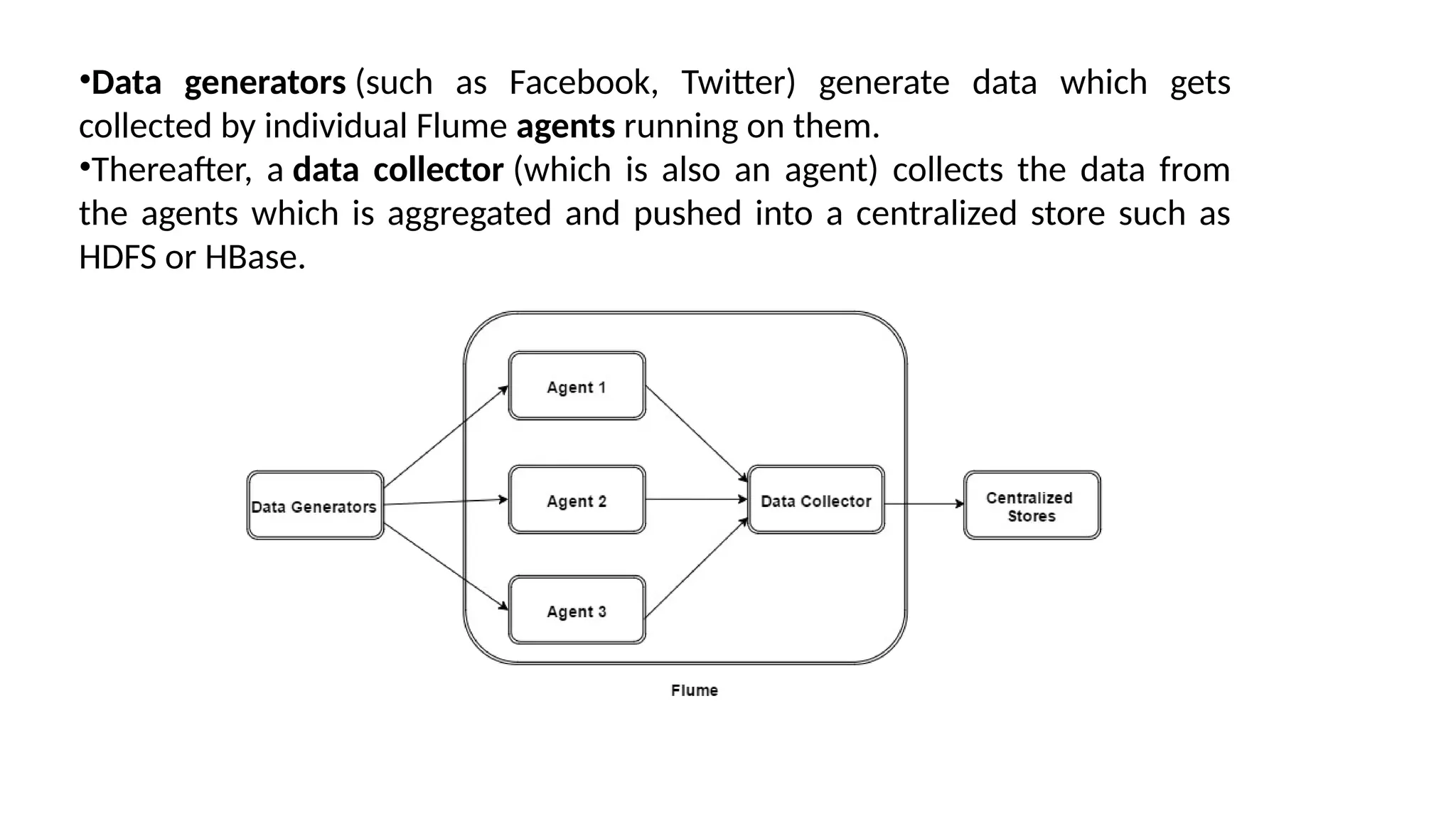 •Data generators (such as Facebook, Twitter) generate data which gets collected by individual Flume agents running on them. •Thereafter, a data collector (which is also an agent) collects the data from the agents which is aggregated and pushed into a centralized store such as HDFS or HBase. 