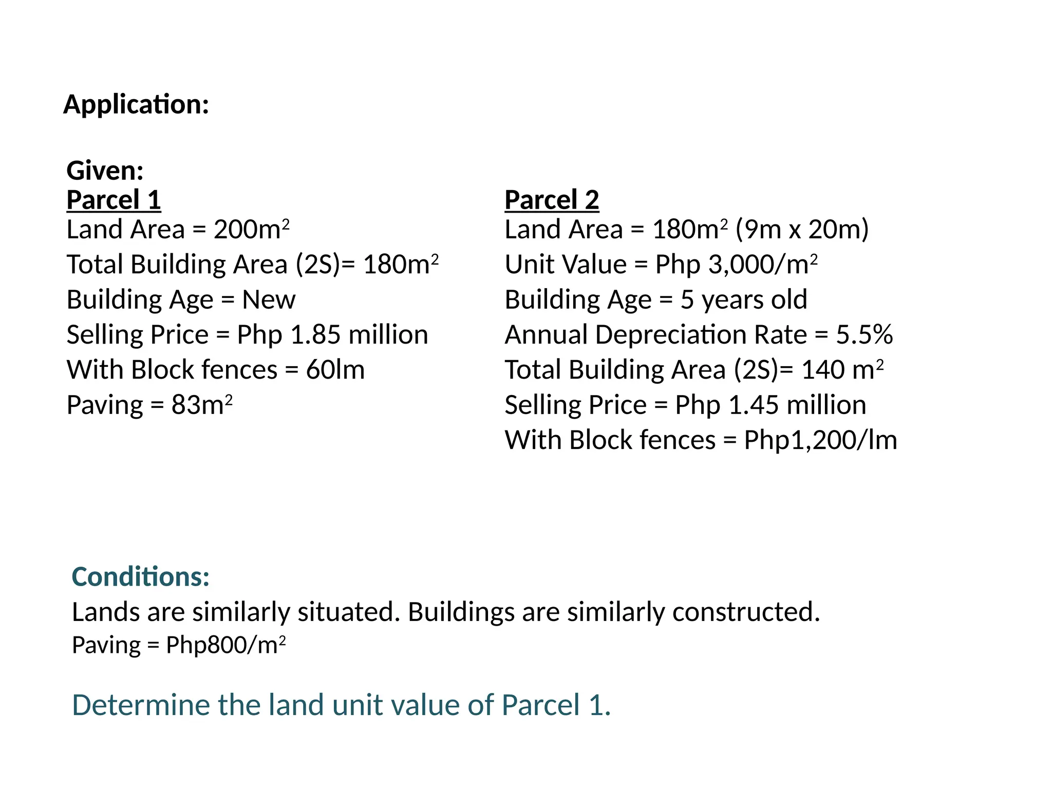 Given:
Parcel 1
Land Area = 200m2
Total Building Area (2S)= 180m2
Building Age = New
Selling Price = Php 1.85 million
With Block fences = 60lm
Paving = 83m2
Parcel 2
Land Area = 180m2
(9m x 20m)
Unit Value = Php 3,000/m2
Building Age = 5 years old
Annual Depreciation Rate = 5.5%
Total Building Area (2S)= 140 m2
Selling Price = Php 1.45 million
With Block fences = Php1,200/lm
Conditions:
Lands are similarly situated. Buildings are similarly constructed.
Paving = Php800/m2
Determine the land unit value of Parcel 1.
Application:
 