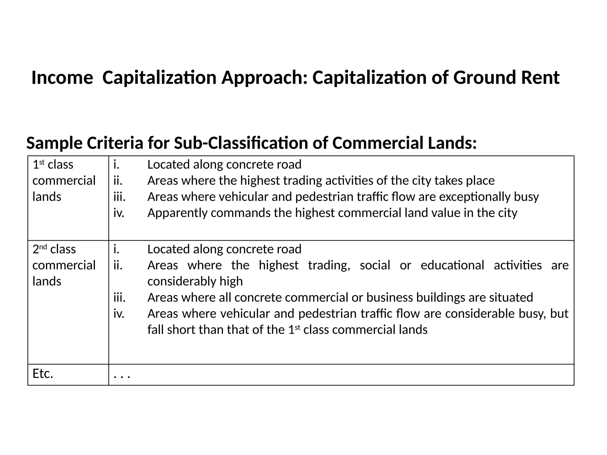 Sample Criteria for Sub-Classification of Commercial Lands:
1st
class
commercial
lands
i. Located along concrete road
ii. Areas where the highest trading activities of the city takes place
iii. Areas where vehicular and pedestrian traffic flow are exceptionally busy
iv. Apparently commands the highest commercial land value in the city
2nd
class
commercial
lands
i. Located along concrete road
ii. Areas where the highest trading, social or educational activities are
considerably high
iii. Areas where all concrete commercial or business buildings are situated
iv. Areas where vehicular and pedestrian traffic flow are considerable busy, but
fall short than that of the 1st
class commercial lands
Etc. . . .
Income Capitalization Approach: Capitalization of Ground Rent
 