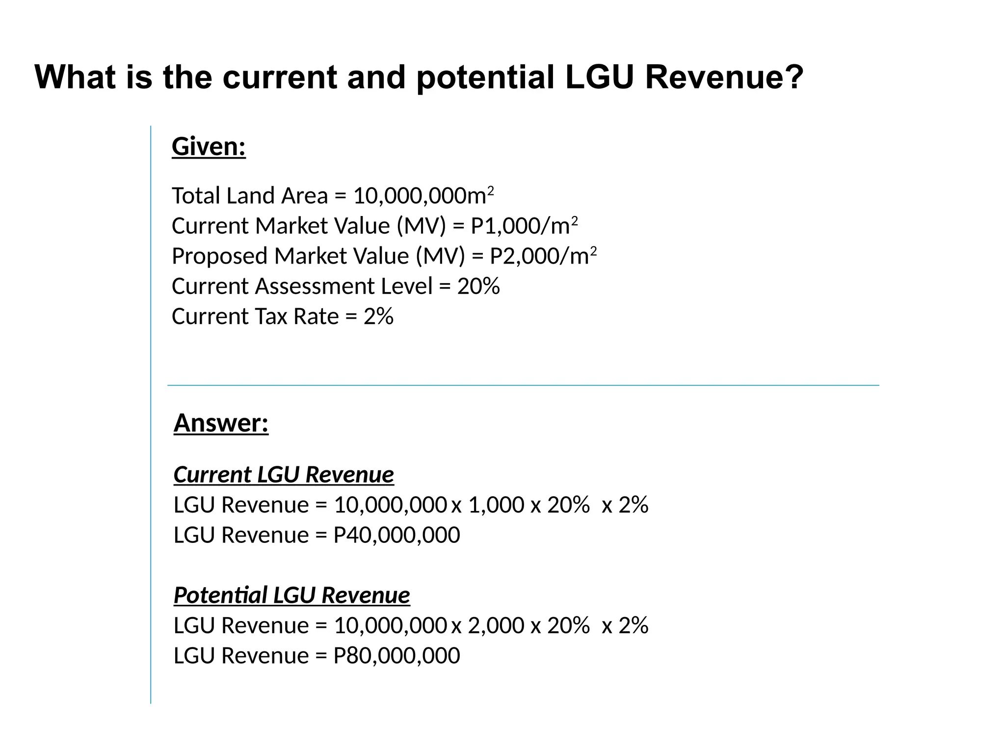 Given:
Total Land Area = 10,000,000m2
Current Market Value (MV) = P1,000/m2
Proposed Market Value (MV) = P2,000/m2
Current Assessment Level = 20%
Current Tax Rate = 2%
Answer:
Current LGU Revenue
LGU Revenue = 10,000,000x 1,000 x 20% x 2%
LGU Revenue = P40,000,000
Potential LGU Revenue
LGU Revenue = 10,000,000x 2,000 x 20% x 2%
LGU Revenue = P80,000,000
What is the current and potential LGU Revenue?
 
