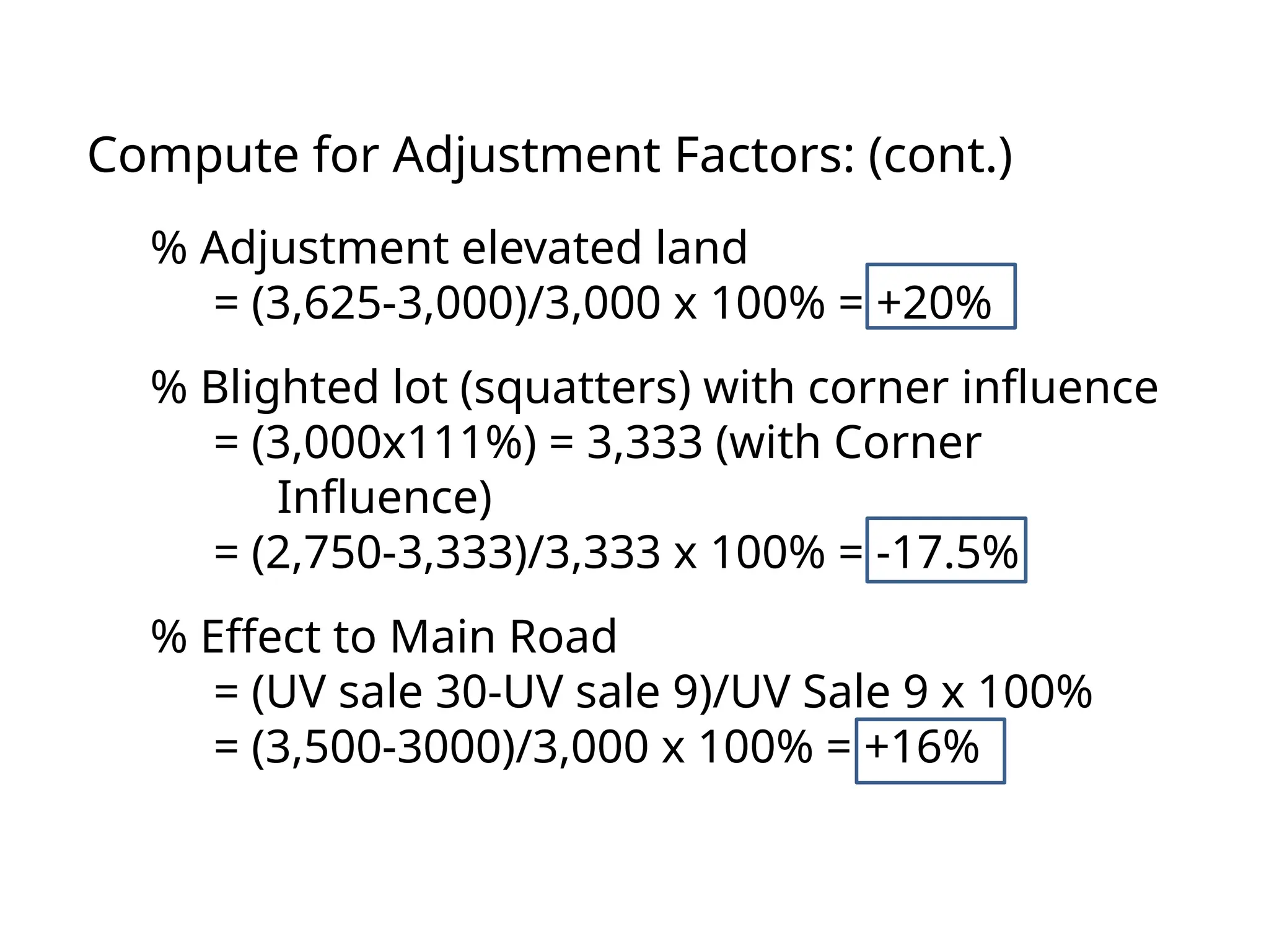 % Adjustment elevated land
= (3,625-3,000)/3,000 x 100% = +20%
% Blighted lot (squatters) with corner influence
= (3,000x111%) = 3,333 (with Corner
Influence)
= (2,750-3,333)/3,333 x 100% = -17.5%
% Effect to Main Road
= (UV sale 30-UV sale 9)/UV Sale 9 x 100%
= (3,500-3000)/3,000 x 100% = +16%
Compute for Adjustment Factors: (cont.)
 