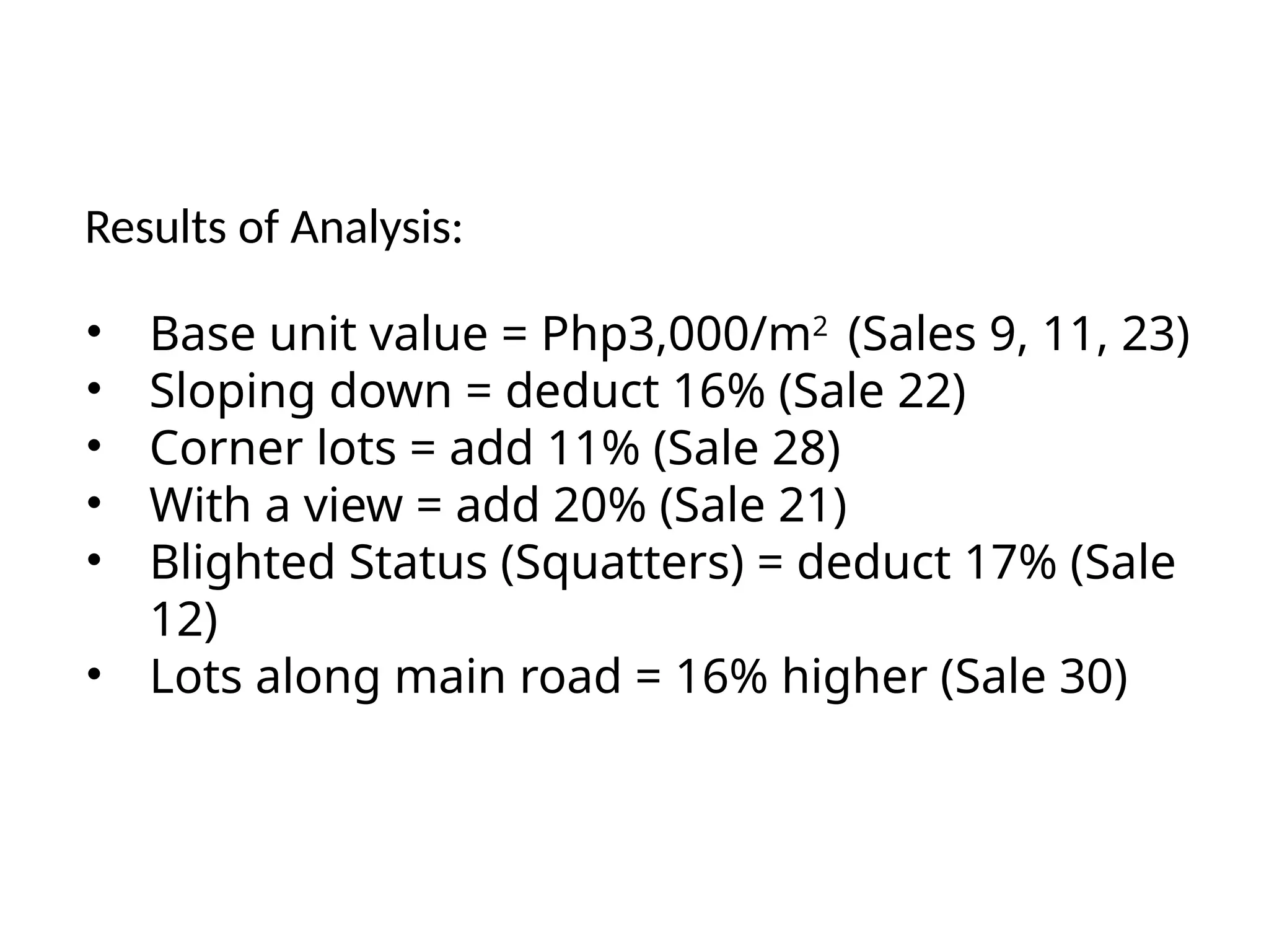 • Base unit value = Php3,000/m2
(Sales 9, 11, 23)
• Sloping down = deduct 16% (Sale 22)
• Corner lots = add 11% (Sale 28)
• With a view = add 20% (Sale 21)
• Blighted Status (Squatters) = deduct 17% (Sale
12)
• Lots along main road = 16% higher (Sale 30)
Results of Analysis:
 