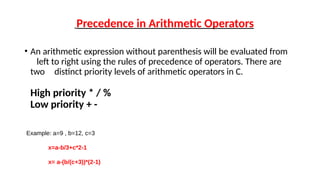 Precedence in Arithmetic Operators
• An arithmetic expression without parenthesis will be evaluated from
left to right using the rules of precedence of operators. There are
two distinct priority levels of arithmetic operators in C.
High priority * / %
Low priority + -
Example: a=9 , b=12, c=3
x=a-b/3+c*2-1
x= a-(b/(c+3))*(2-1)
 