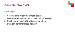 Optical Fiber Glass Cont’d...
Advantages
1. Greater band width than metal cables
2. Less susceptible than metal cable to interference
3. Much thinner and lighter than metal wires
4. Data can be transmitted digitally
 