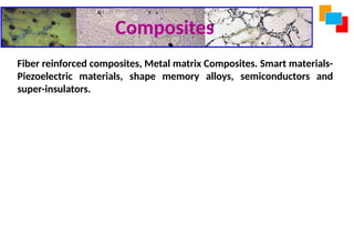 Fiber reinforced composites, Metal matrix Composites. Smart materials-
Piezoelectric materials, shape memory alloys, semiconductors and
super-insulators.
Composites
 