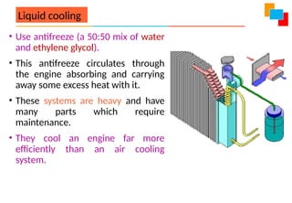 Liquid cooling
• Use antifreeze (a 50:50 mix of water
and ethylene glycol).
• This antifreeze circulates through
the engine absorbing and carrying
away some excess heat with it.
• These systems are heavy and have
many parts which require
maintenance.
• They cool an engine far more
efficiently than an air cooling
system.
 