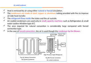 Air cooled condenser
 Heat is removed by air using either natural or forced circulation.
 The condensers are made of steel, copper or aluminum tubing provided with fins to improve
air-side heat transfer.
 The refrigerant flows inside the tubes and the air outside.
 Air cooled condensers are used only in small capacity machines such as Refrigerators & small
water coolers Window type A/C.
 The area required for natural convection is considerably large compared with forced
convection type.
 In the case of forced convection, the air is used though the condenser by the Blower.
 