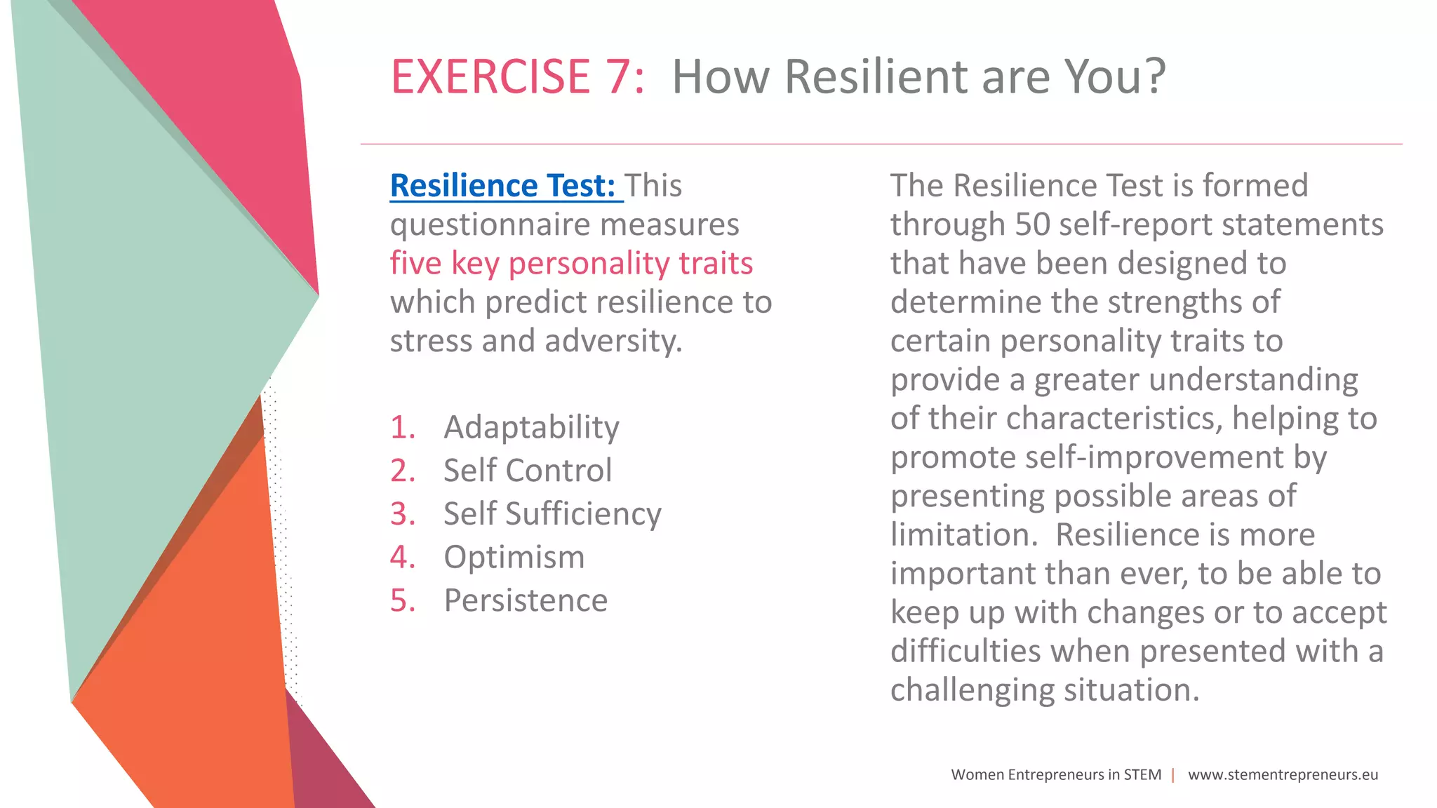 Women Entrepreneurs in STEM | www.stementrepreneurs.eu
EXERCISE 7: How Resilient are You?
Resilience Test: This
questionnaire measures
five key personality traits
which predict resilience to
stress and adversity.
1. Adaptability
2. Self Control
3. Self Sufficiency
4. Optimism
5. Persistence
The Resilience Test is formed
through 50 self-report statements
that have been designed to
determine the strengths of
certain personality traits to
provide a greater understanding
of their characteristics, helping to
promote self-improvement by
presenting possible areas of
limitation. Resilience is more
important than ever, to be able to
keep up with changes or to accept
difficulties when presented with a
challenging situation.
 
