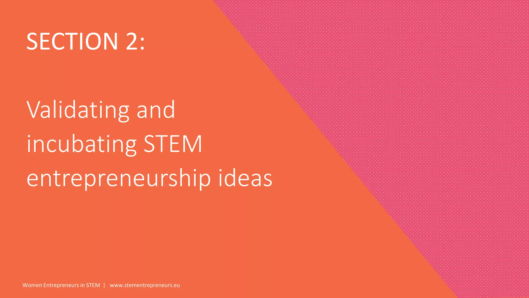 Women Entrepreneurs in STEM | www.stementrepreneurs.eu
SECTION 2:
Validating and
incubating STEM
entrepreneurship ideas
 