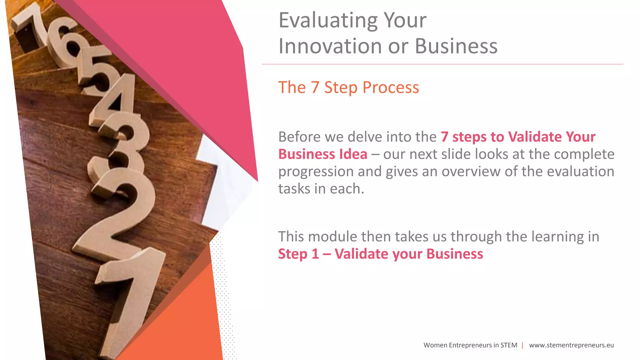 Women Entrepreneurs in STEM | www.stementrepreneurs.eu
Evaluating Your
Innovation or Business
The 7 Step Process
Before we delve into the 7 steps to Validate Your
Business Idea – our next slide looks at the complete
progression and gives an overview of the evaluation
tasks in each.
This module then takes us through the learning in
Step 1 – Validate your Business
 