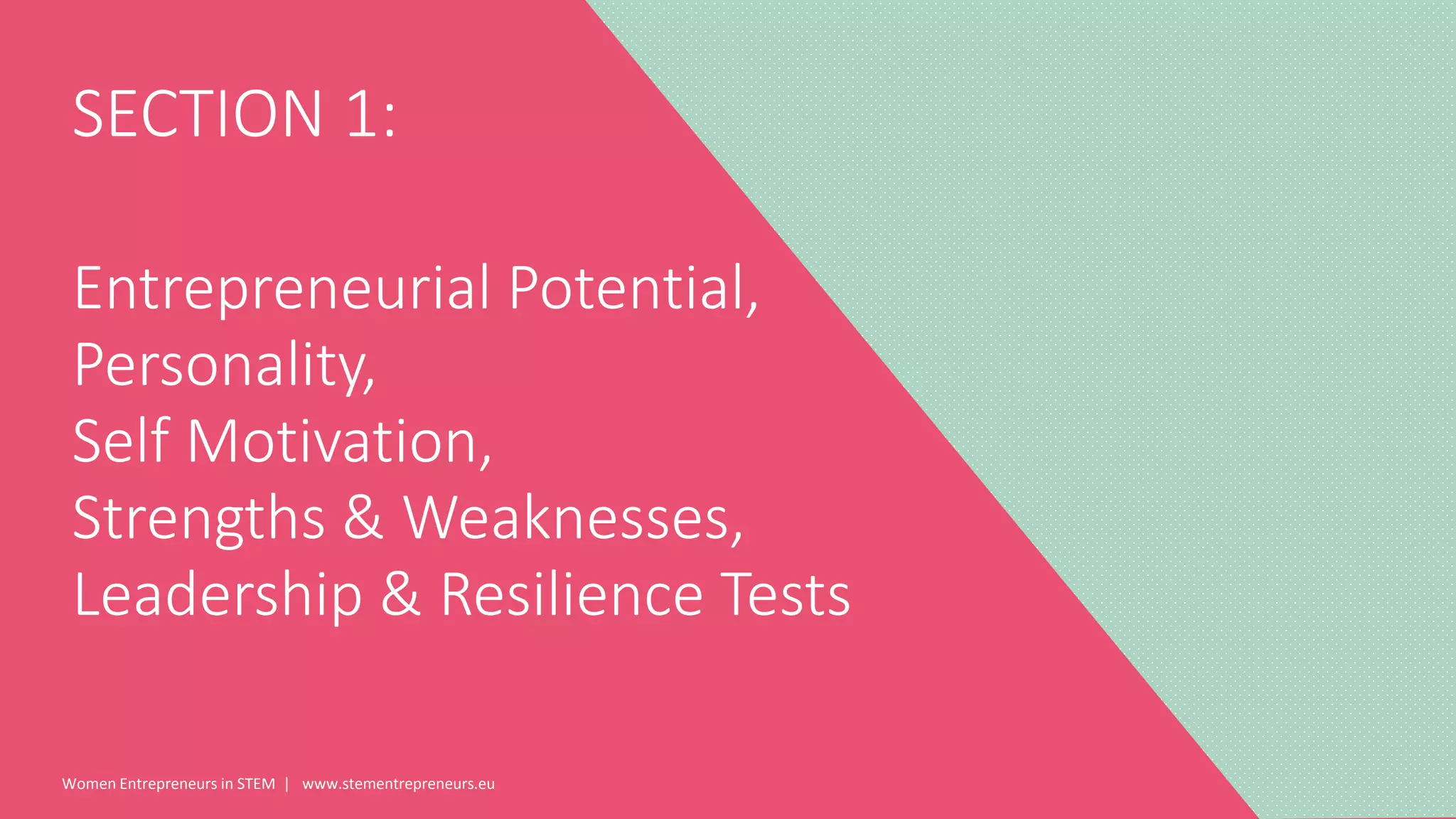 Women Entrepreneurs in STEM | www.stementrepreneurs.eu
SECTION 1:
Entrepreneurial Potential,
Personality,
Self Motivation,
Strengths & Weaknesses,
Leadership & Resilience Tests
 