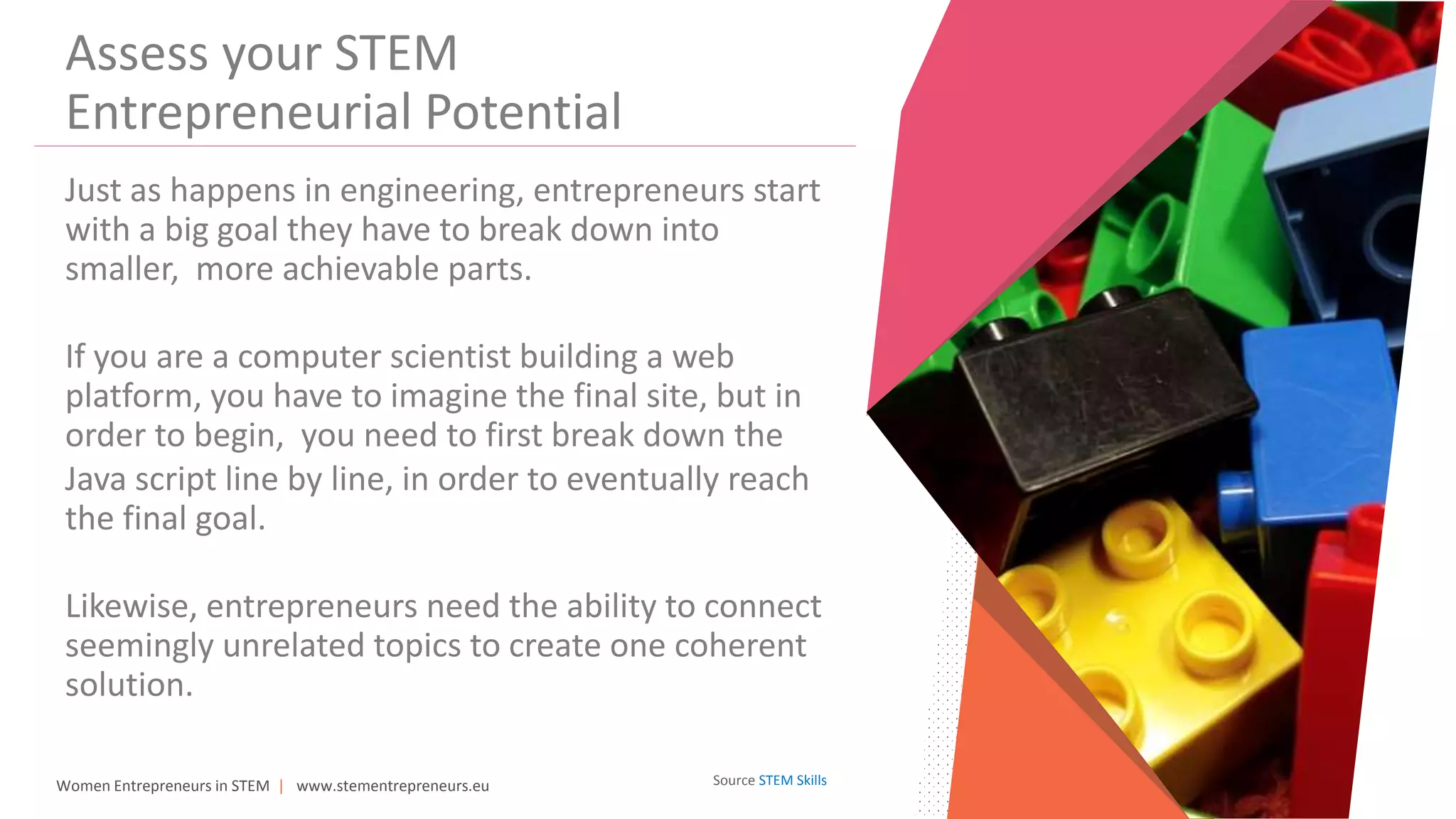 Women Entrepreneurs in STEM | www.stementrepreneurs.eu
Assess your STEM
Entrepreneurial Potential
Just as happens in engineering, entrepreneurs start
with a big goal they have to break down into
smaller, more achievable parts.
If you are a computer scientist building a web
platform, you have to imagine the final site, but in
order to begin, you need to first break down the
Java script line by line, in order to eventually reach
the final goal.
Likewise, entrepreneurs need the ability to connect
seemingly unrelated topics to create one coherent
solution.
Source STEM Skills
 