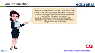 Annie’s Question
How does HDFS Federation help HDFS Scale horizontally?
a.Reduces the load on any single NameNode by using the
multiple, independent NameNode to manage individual
parts of the file system namespace.
b.Provides cross-data centre (non-local) support for
HDFS, allowing a cluster administrator to split the Block
Storage outside the local cluster.
www.edureka.co/big-data-and-hadoopSlide 15
 