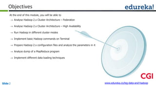 Objectives
www.edureka.co/big-data-and-hadoopSlide 2
At the end of this module, you will be able to
 Analyse Hadoop 2.x Cluster Architecture – Federation
 Analyse Hadoop 2.x Cluster Architecture – High Availability
 Run Hadoop in different cluster modes
 Implement basic Hadoop commands on Terminal
 Prepare Hadoop 2.x configuration files and analyze the parameters in it
 Analyze dump of a MapReduce program
 Implement different data loading techniques
 