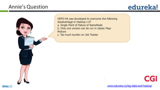 Annie’s Question
HDFS HA was developed to overcome the following
disadvantage in Hadoop 1.0?
a. Single Point of Failure of NameNode
b. Only one version can be run in classic Map-
Reduce
c. Too much burden on Job Tracker
www.edureka.co/big-data-and-hadoopSlide 22
 