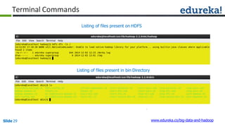 Listing of files present in bin Directory
Listing of files present on HDFS
Terminal Commands
www.edureka.co/big-data-and-hadoopSlide 29
 