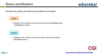 Two files are used by the startup and shutdown commands:
Slaves and Masters
Slaves
 Contains a list of hosts, one per line, that are to host DataNode and
NodeManager servers.
Masters
 Contains a list of hosts, one per line, that are to host Secondary
NameNode servers.
www.edureka.co/big-data-and-hadoopSlide 38
 