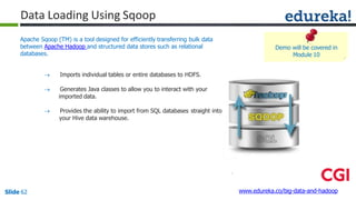 Apache Sqoop (TM) is a tool designed for efficiently transferring bulk data
between Apache Hadoop and structured data stores such as relational
databases.
 Imports individual tables or entire databases to HDFS.
 Generates Java classes to allow you to interact with your
imported data.
 Provides the ability to import from SQL databases straight into
your Hive data warehouse.
Data Loading Using Sqoop
Demo will be covered in
Module 10
www.edureka.co/big-data-and-hadoopSlide 62
 