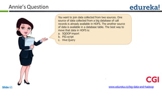 Annie’s Question
You want to join data collected from two sources. One
source of data collected from a big database of call
records is already available in HDFS. The another source
of data is available in a database table. The best way to
move that data in HDFS is:
a. SQOOP import
b. PIG script
c. Hive Query
www.edureka.co/big-data-and-hadoopSlide 65
 