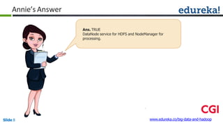 Annie’s Answer
www.edureka.co/big-data-and-hadoopSlide 8
Ans. TRUE
DataNode service for HDFS and NodeManager for
processing.
 