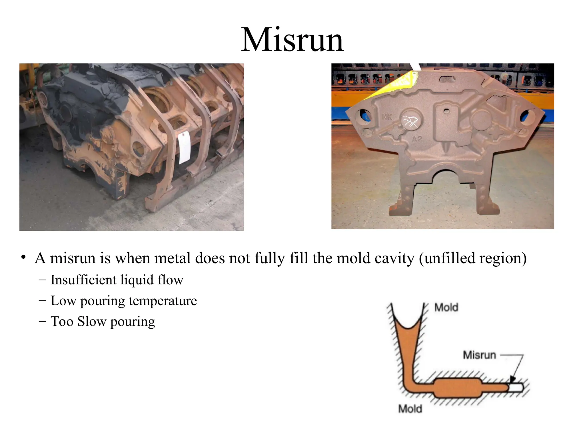 Misrun
• A misrun is when metal does not fully fill the mold cavity (unfilled region)
– Insufficient liquid flow
– Low pouring temperature
– Too Slow pouring
 