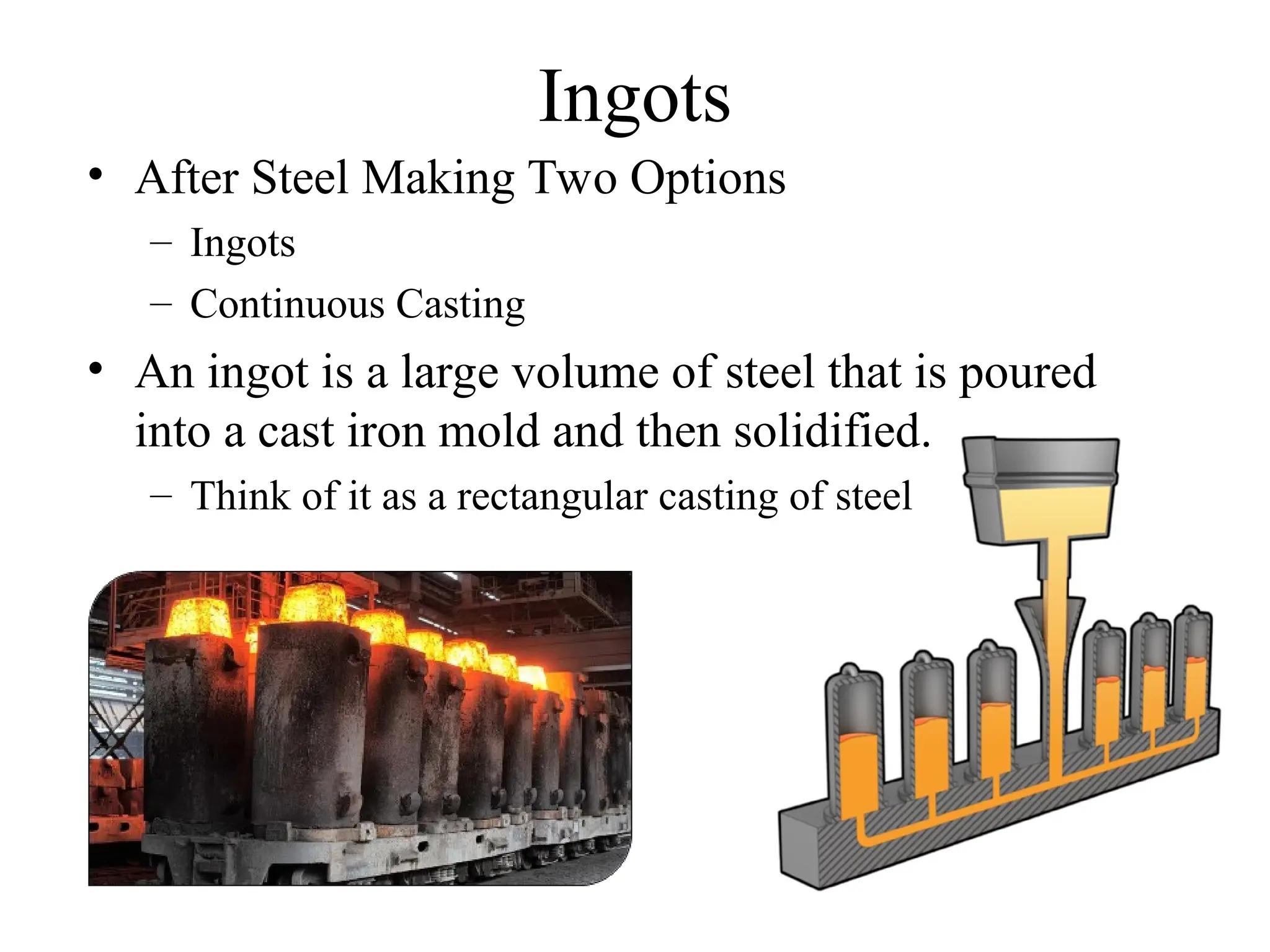 Ingots
• After Steel Making Two Options
– Ingots
– Continuous Casting
• An ingot is a large volume of steel that is poured
into a cast iron mold and then solidified.
– Think of it as a rectangular casting of steel
 