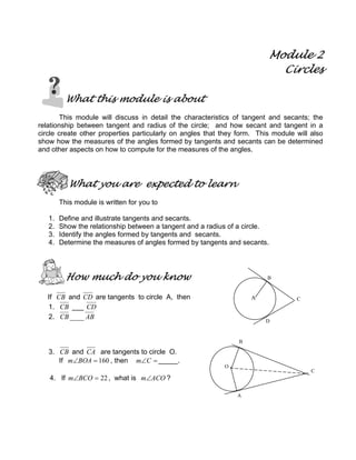Module 2
Circles
What this module is about
This module will discuss in detail the characteristics of tangent and secants; the
relationship between tangent and radius of the circle; and how secant and tangent in a
circle create other properties particularly on angles that they form. This module will also
show how the measures of the angles formed by tangents and secants can be determined
and other aspects on how to compute for the measures of the angles.
What you are expected to learn
This module is written for you to
1. Define and illustrate tangents and secants.
2. Show the relationship between a tangent and a radius of a circle.
3. Identify the angles formed by tangents and secants.
4. Determine the measures of angles formed by tangents and secants.
How much do you know
If CB and CD are tangents to circle A, then
1. CB ___ CD
2. ABCB ____
3. CB and CA are tangents to circle O.
If 160=∠BOAm , then =∠Cm _____.
4. If 22=∠BCOm , what is ACOm∠ ?
A
B
C
D
C
B
O
A
 