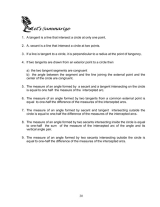 20
Let’s Summarize
1. A tangent is a line that intersect a circle at only one point.
2. A. secant is a line that intersect a circle at two points.
3. If a line is tangent to a circle, it is perpendicular to a radius at the point of tangency.
4. If two tangents are drawn from an exterior point to a circle then
a) the two tangent segments are congruent
b) the angle between the segment and the line joining the external point and the
center of the circle are congruent.
5. The measure of an angle formed by a secant and a tangent intersecting on the circle
is equal to one half the measure of the intercepted arc.
6. The measure of an angle formed by two tangents from a common external point is
equal to one-half the difference of the measures of the intercepted arcs.
7. The measure of an angle formed by secant and tangent intersecting outside the
circle is equal to one-half the difference of the measures of the intercepted arcs.
8. The measure of an angle formed by two secants intersecting inside the circle is equal
to one-half the sum of the measure of the intercepted arc of the angle and its
vertical angle pair.
9. The measure of an angle formed by two secants intersecting outside the circle is
equal to one-half the difference of the measures of the intercepted arcs.
 