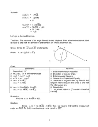 9
Solution:
BECm∠ = 2
1
mCE
BECm∠ = 2
1
(104)
= 52
m CEF∠ = ½ (mCDE)
m CEF∠ = ½ (360 – 104)
= ½ (256)
= 128
Let’s go to the next theorem.
Theorem: The measure of an angle formed by two tangents from a common external point
is equal to one-half the difference of the major arc minus the minor arc.
Given: Circle O. AB and AC are tangents
Prove: )(2
1
BCBXCAm −=∠
Proof:
Statements Reasons
1. Draw chord BC
2. In ∆ABC, 1∠ is an exterior angle
3. 1∠m = 2∠m + Am∠
4. Am∠ = 1∠m - 2∠m
5. 1∠m = ½ mBXC
2∠m = ½ mBC
6. Am∠ = ½ mBXC - ½ mBC
7. Am∠ = ½( mBXC – m BC)
1. Line determination Postulate
2. Definition of exterior angle
3. Exterior angle theorem
4. Subtraction Property of Equality
5. Measure of angle formed by secant and
tangent intersecting on the circle is one-half
the intercepted arc.
6. Substitution
7. Algebraic solution (Common monomial
Factor)
Illustration:
Find the Am∠ if mBC = 162.
Solution:
Since Am∠ = ½( mBXC –m BC) then we have to find first the measure of
major arc BXC. To find it, use the whole circle which is 360o
.
A
B
C
1
2
X
O
 