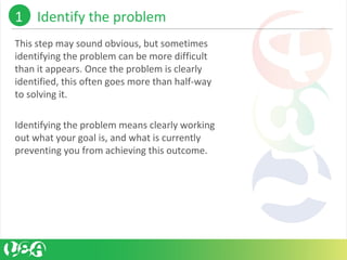 This step may sound obvious, but sometimes
identifying the problem can be more difficult
than it appears. Once the problem is clearly
identified, this often goes more than half-way
to solving it.
Identifying the problem means clearly working
out what your goal is, and what is currently
preventing you from achieving this outcome.
1. Identify the problem
 