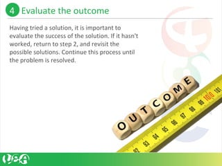 Having tried a solution, it is important to
evaluate the success of the solution. If it hasn't
worked, return to step 2, and revisit the
possible solutions. Continue this process until
the problem is resolved.
4 Evaluate the outcome
 