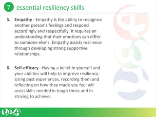 5. Empathy - Empathy is the ability to recognise 
another person’s feelings and respond 
accordingly and respectfully. It requires an 
understanding that their emotions can differ 
to someone else’s. Empathy assists resilience 
through developing strong supportive 
relationships. 
6. Self-efficacy - Having a belief in yourself and 
your abilities will help to improve resiliency. 
Using past experiences, recording them and 
reflecting on how they made you feel will 
assist skills needed in tough times and in 
striving to achieve.
7    essential resiliency skills 
 