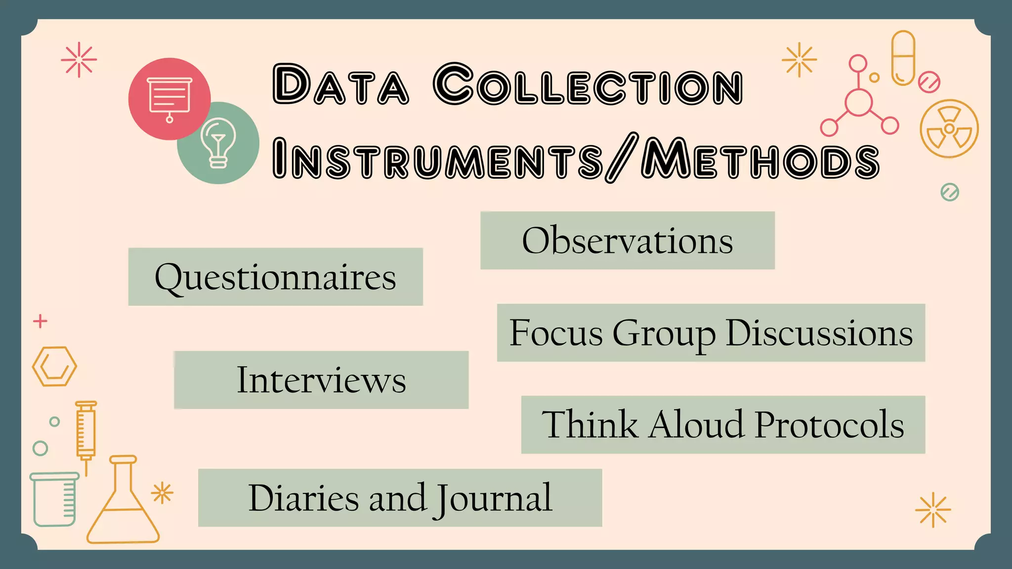 Data Collection
Instruments/Methods
Questionnaires
Interviews
Observations
Focus Group Discussions
Diaries and Journal
Think Aloud Protocols
 