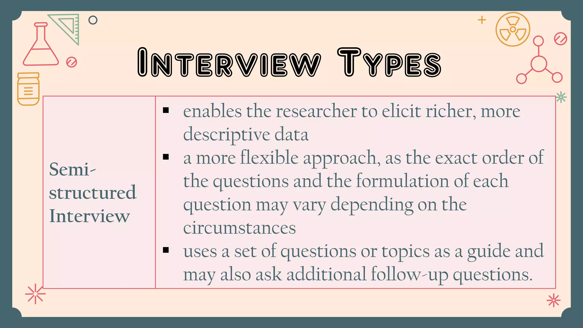 Interview Types
Semi-
structured
Interview
 enables the researcher to elicit richer, more
descriptive data
 a more flexible approach, as the exact order of
the questions and the formulation of each
question may vary depending on the
circumstances
 uses a set of questions or topics as a guide and
may also ask additional follow-up questions.
 