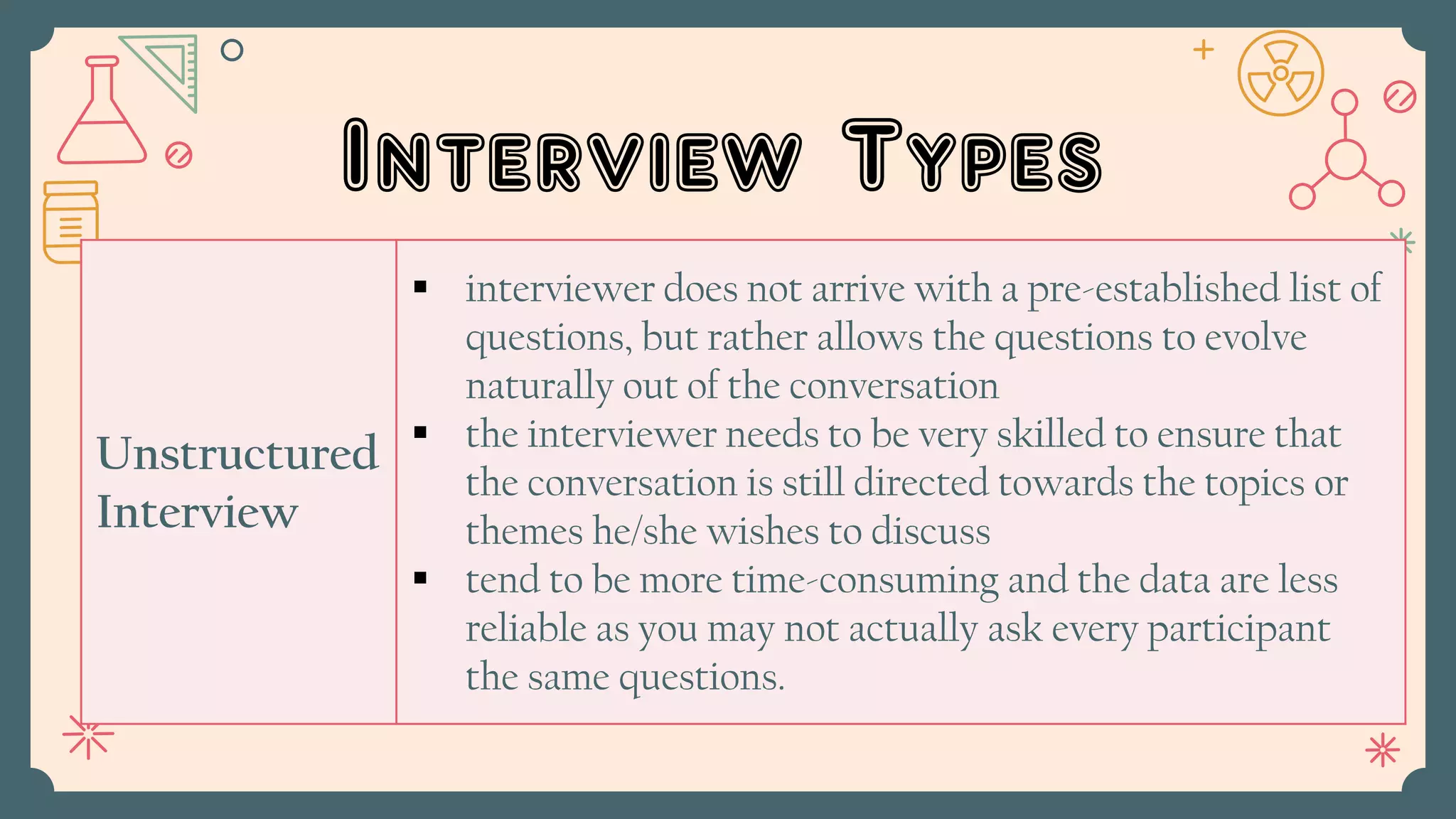 Interview Types
Unstructured
Interview
 interviewer does not arrive with a pre-established list of
questions, but rather allows the questions to evolve
naturally out of the conversation
 the interviewer needs to be very skilled to ensure that
the conversation is still directed towards the topics or
themes he/she wishes to discuss
 tend to be more time-consuming and the data are less
reliable as you may not actually ask every participant
the same questions.
 