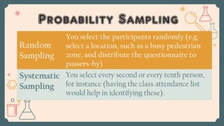 Probability Sampling
Random
Sampling
You select the participants randomly (e.g.
select a location, such as a busy pedestrian
zone, and distribute the questionnaire to
passers-by)
Systematic
Sampling
You select every second or every tenth person,
for instance (having the class attendance list
would help in identifying these).
 