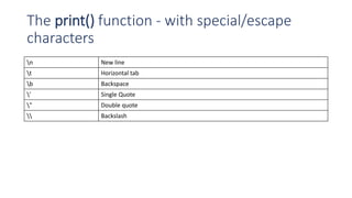 The print() function - with special/escape
characters
n New line
t Horizontal tab
b Backspace
’ Single Quote
" Double quote
 Backslash
 