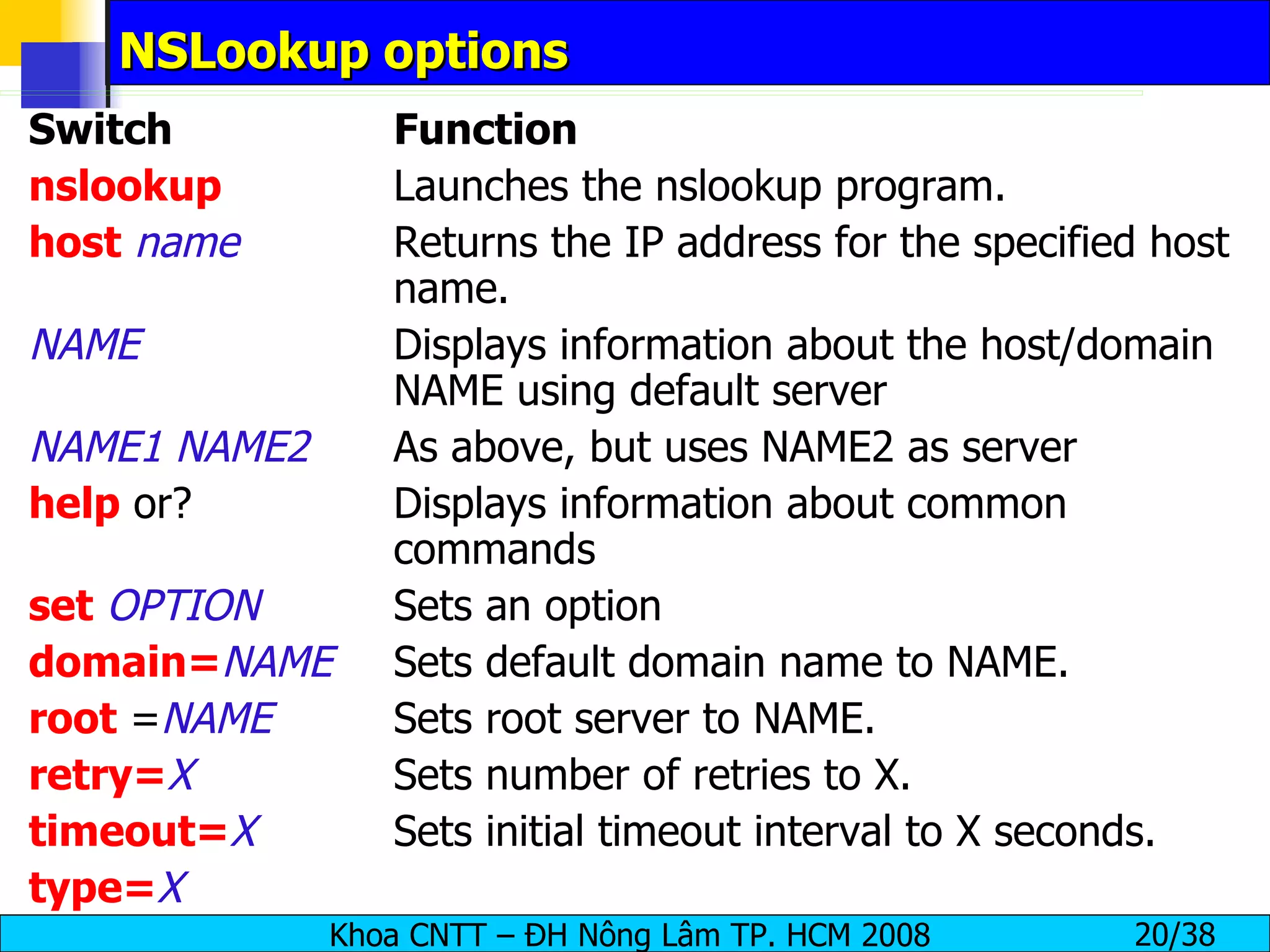 NSLookup options Switch  Function  nslookup   Launches the nslookup program.  host   name   Returns the IP address for the specified host  name.  NAME   Displays information about the host/domain  NAME using default server  NAME1   NAME2   As above, but uses NAME2 as server  help  or?  Displays information about common  commands  set   OPTION   Sets an option  domain= NAME   Sets default domain name to NAME.  root  = NAME   Sets root server to NAME.  retry= X   Sets number of retries to X.  timeout= X   Sets initial timeout interval to X seconds.  type= X   