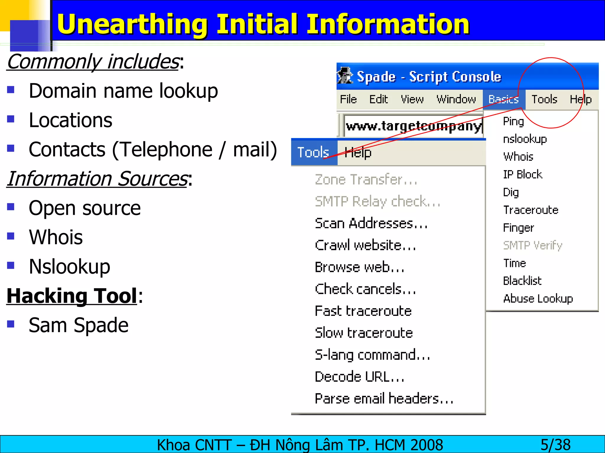 Unearthing Initial Information Commonly includes : Domain name lookup Locations Contacts (Telephone / mail) Information Sources : Open source Whois Nslookup Hacking Tool : Sam Spade 