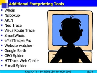 Additional Footprinting Tools Whois Nslookup ARIN Neo Trace VisualRoute Trace SmartWhois eMailTrackerPro Website watcher Google Earth GEO Spider HTTrack Web Copier E-mail Spider 